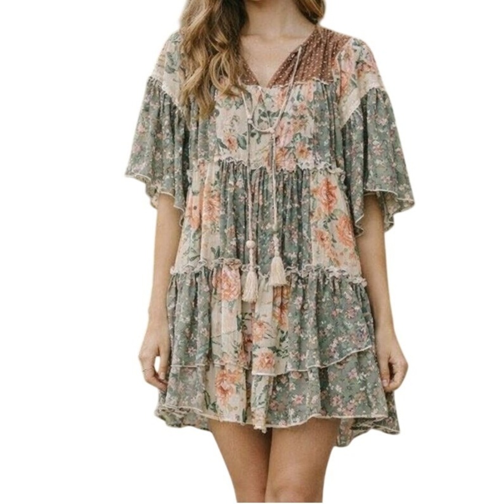Rustic Rack Floral‎ Tiered Mini Dress Womens Small Green Boho Tassel Lace Trim